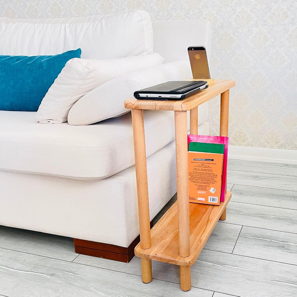 Handmade Slim Side Table Solid Beech Wood for Couch Living Room, Authentic Na...