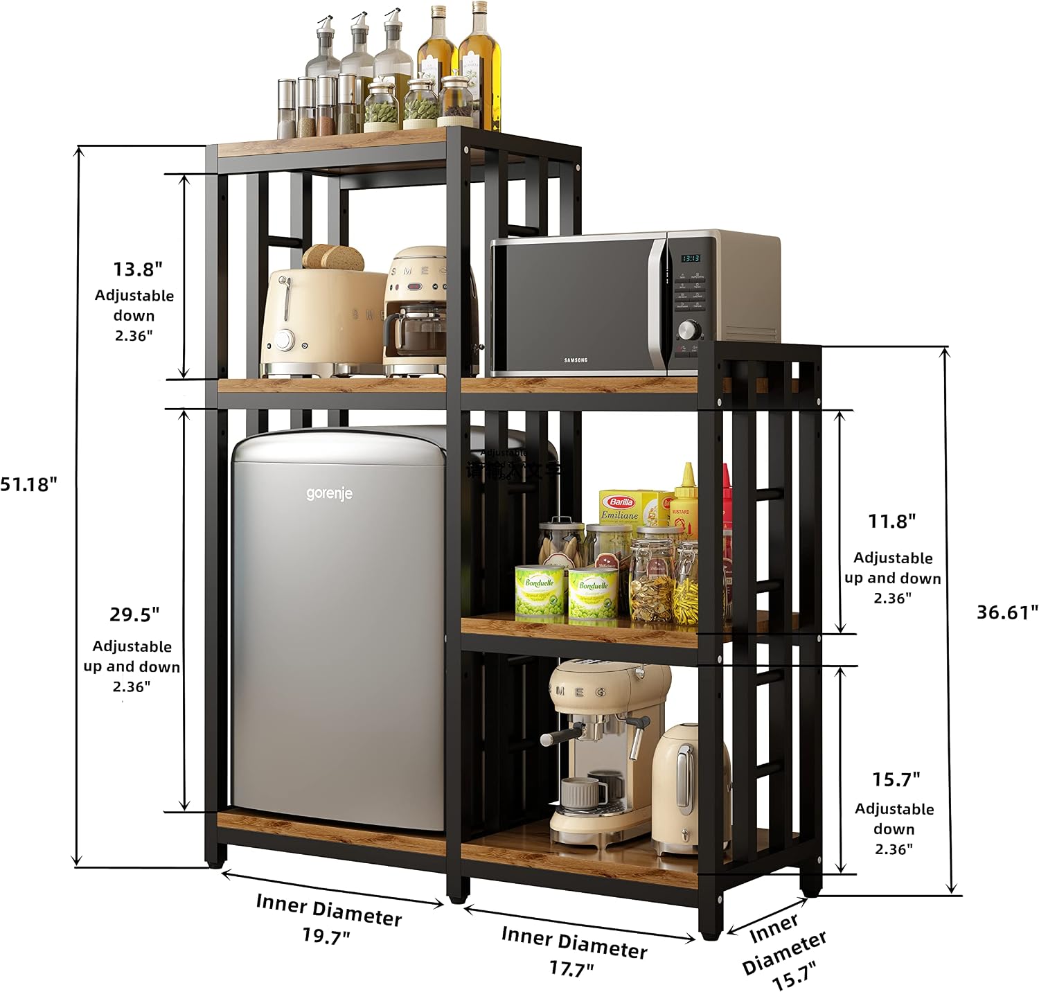 Kitchen Bakers Rack, 4-Tier+3-Tier Workstation Organizer Shelf, Free Standing Kitchen Utility Cart Storage Shelf Organizer Utility Microwave Stands Storage for Spice（Rustic Brown）