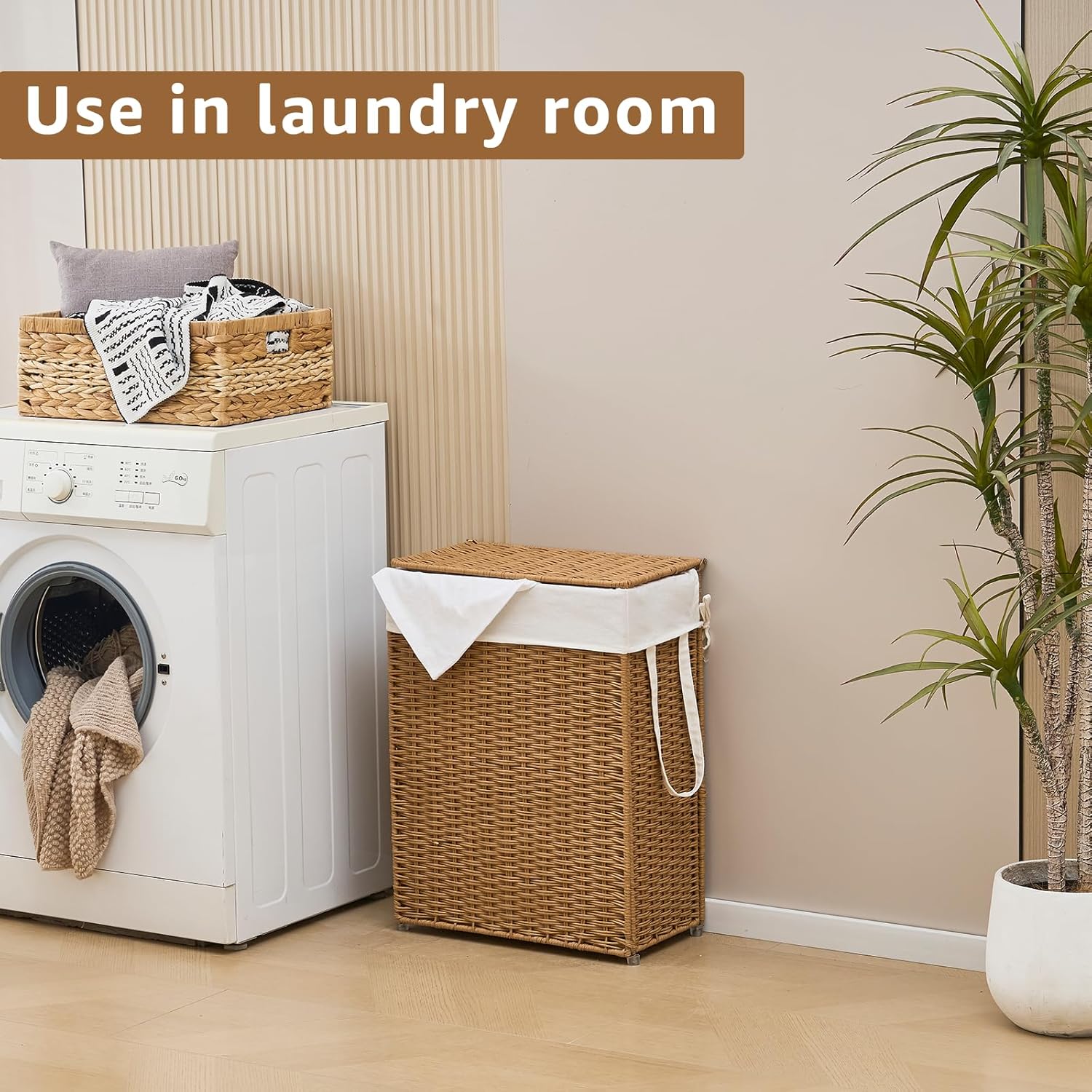 Slim Wicker Laundry Hamper with Lid, 55L Handwoven Rattan Basket with Handles, Narrow Laundry Basket with Removable Liner Bag & 2 Mesh Bags