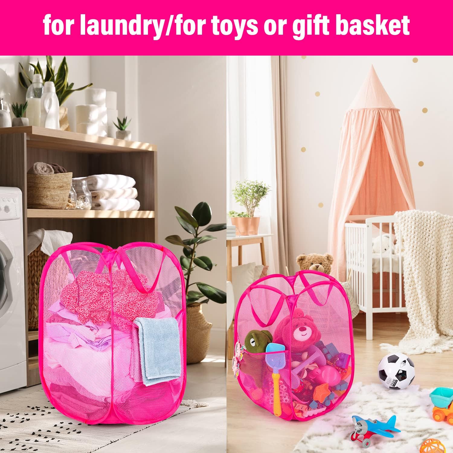 BATTOO Deluxe Strong Mesh Pop up Laundry Hamper Basket with Side Pocket for Laundry Room, Bathroom, Kids Room, College Dorm or Travel 2 Pack Blush