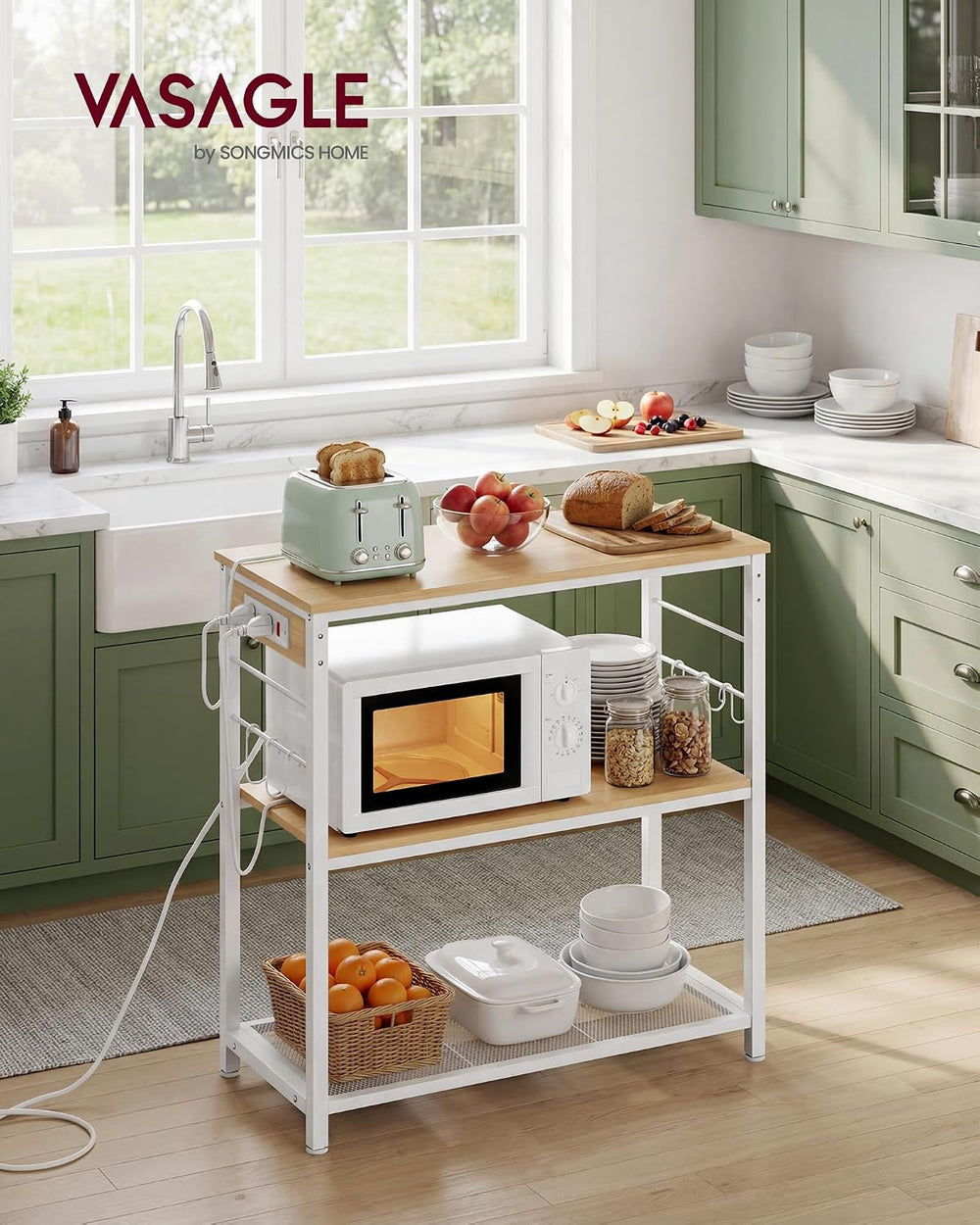 VASAGLE Kitchen Island with Power Strip, Microwave Oven Stand, Kitchen Shelf,...