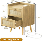 Rattan Nightstand with Charging Station Set of 2, Mid Century Modern Bedside Side Table with 2 Drawers, Boho End Table with Wood Legs for Bedroom Natural Night Stand for Living Room