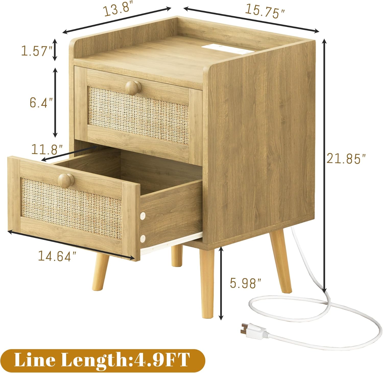 Rattan Nightstand with Charging Station Set of 2, Mid Century Modern Bedside Side Table with 2 Drawers, Boho End Table with Wood Legs for Bedroom Natural Night Stand for Living Room