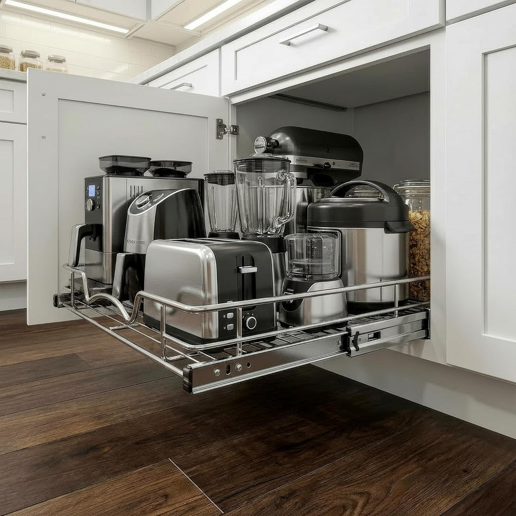 HOLDN’ STORAGE Pull Out Cabinet Organizer, Heavy Duty Caddy w/Lifetime Limited Warranty -14”W x 21”D - Requires At Least 15-1/4” Cabinet Opening, Steel Metal Cabinet Drawers Slide Out, Chrome