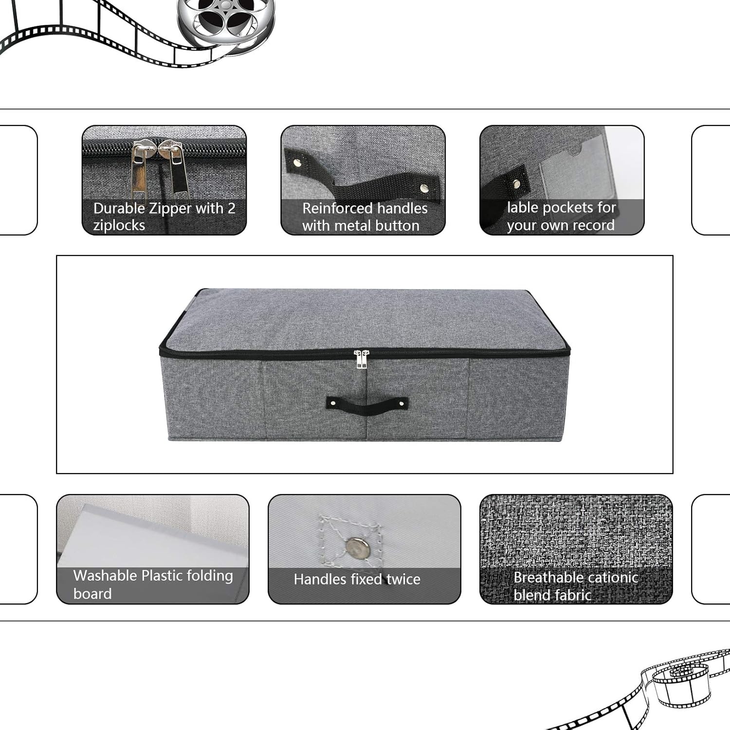 Omygarden 2PCS Foldable Under Bed Storage Box with Plastic Support Liner, Handles, Zipper lid, Blankets Clothes Comforters Storage Bin Organizer for Bedroom and Closet, 29×15×7inch, Black Grey