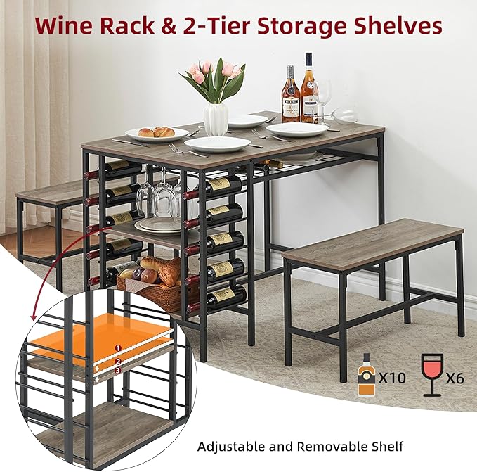 Dining Table Set for 4, Kitchen Table Set for 4 with 2 Benches, 3 Piece Dining Room Table Set for Small Space Apartment, Grey
