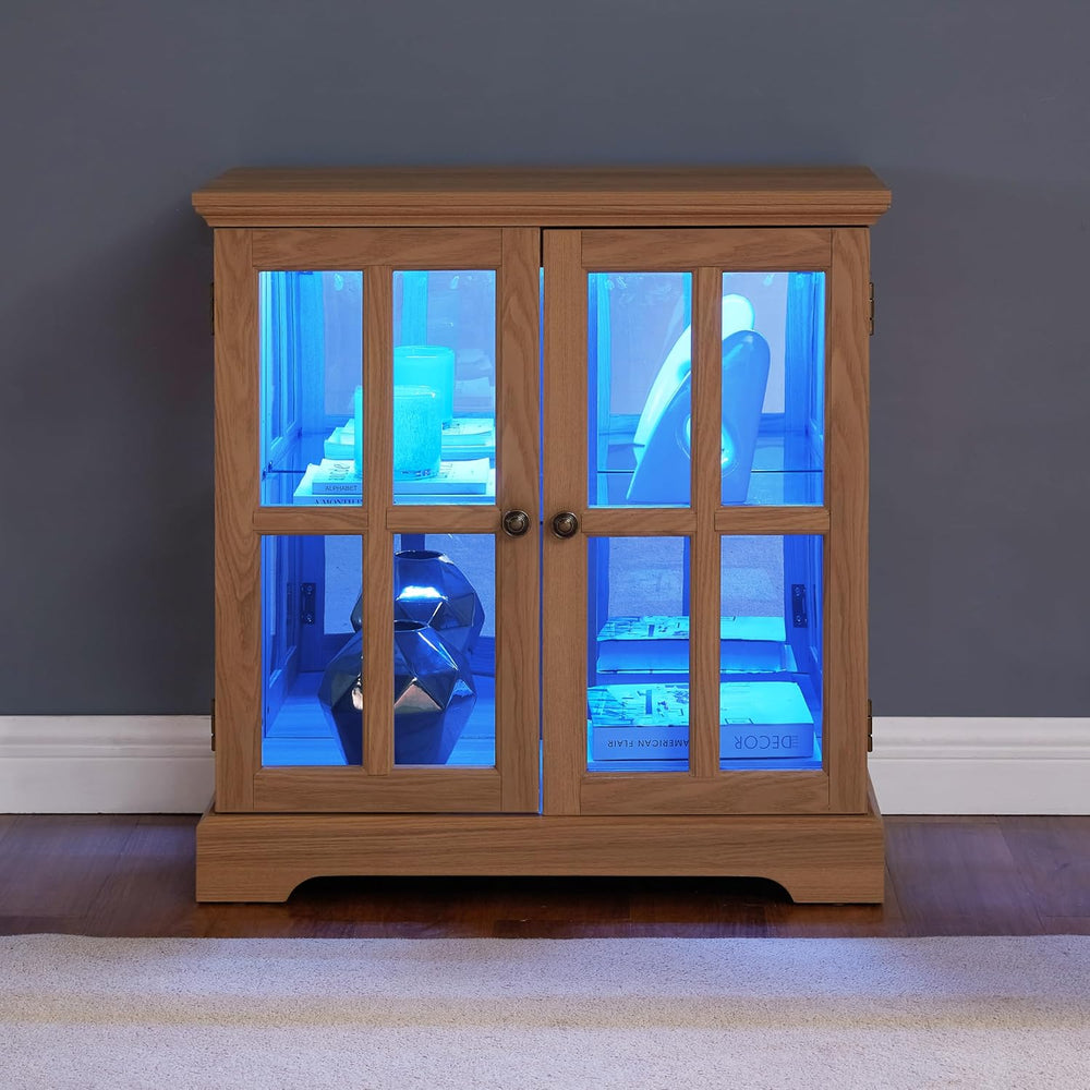 Small Curio Cabinet with Glass Doors and LED Lights, 30.32” W Black Wood Disp...