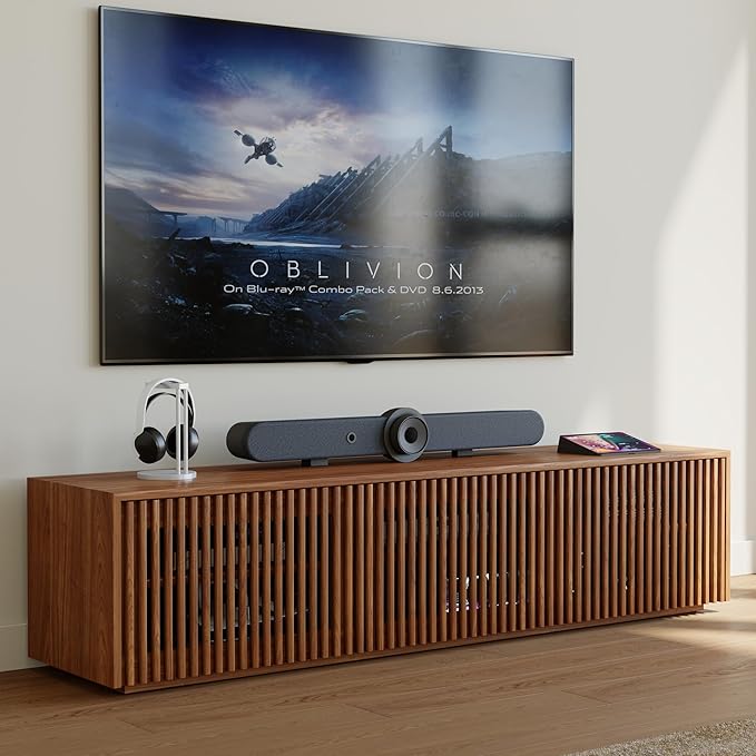 POVISON Full Assembled Mid Century Modern TV Stand, Wood Slatted Media Console for 65 inch TV, Entertainment Center with Storage for Living Room, Low Cabinet with Removable Shelves