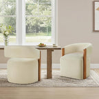 Upholstered Dining Chairs with Casters, Modern Barrel Side Armchair with Rollers & Wooden Armrest for Dining Room, Bedroom, Kitchen, Reading Room, Sand, Set of 4