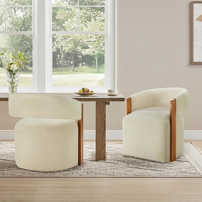 Upholstered Dining Chairs with Casters, Modern Barrel Side Armchair with Rollers & Wooden Armrest for Dining Room, Bedroom, Kitchen, Reading Room, Sand, Set of 4