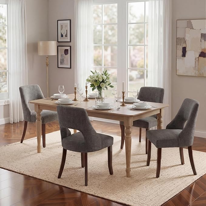 UVV Wooden Dining Chairs Set of 4, Mid Century Modern Upholstered Dining Room Chair Kitchen Chairs, Chenille Dinner Chair with Solid Wood Legs for Kitchen Dining Room, Dark Grey