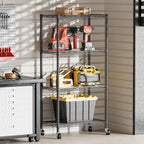 SINGAYE 4 Shelves Storage Shelf Wire Closet Bathroom Organizers Metal Pantry Kitchen Garage Shelving Unit Laundry Room Organization Home Rack Net Basket Black with Wheels