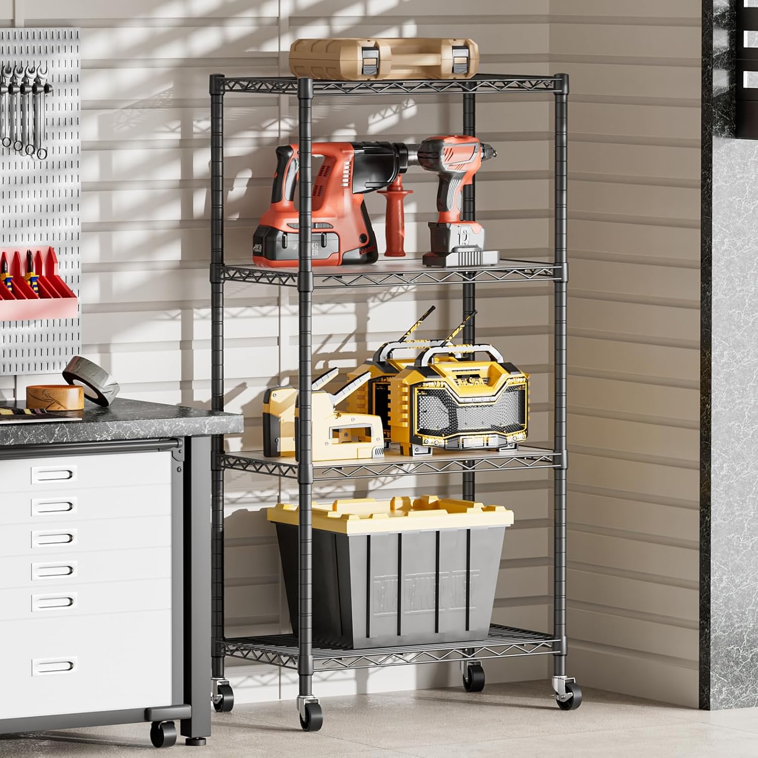 SINGAYE 4 Shelves Storage Shelf Wire Closet Bathroom Organizers Metal Pantry Kitchen Garage Shelving Unit Laundry Room Organization Home Rack Net Basket Black with Wheels