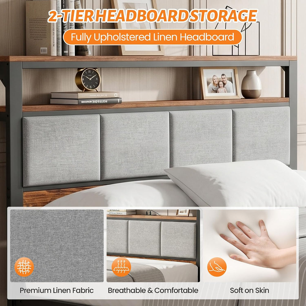 Queen Bed Frame with 2 Storage Drawers & Charging Station, Headboard, Grey