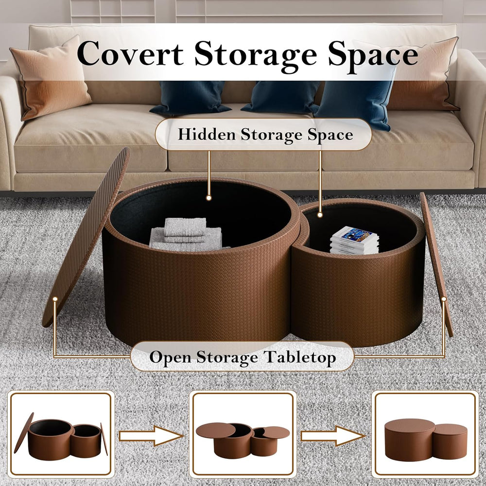 Round Nesting Coffee Table with Storage (C Brown 26.8+18.3in) | Modern Chic C...