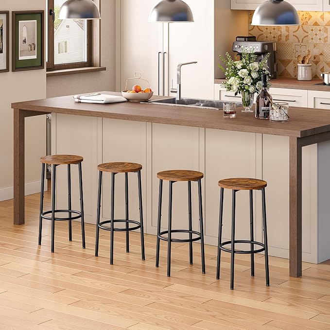 HOOBRO Bar Stools, Set of 4 Bar Chairs, Kitchen Round Height Stools with Foot...