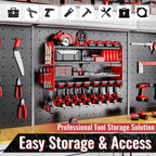 Metal Power Tool Organizer Rack Wall Mount, Garage Tool Drill Storage Shelves with Screwdriver Plier Holder (Red, 8 Drills Holder)