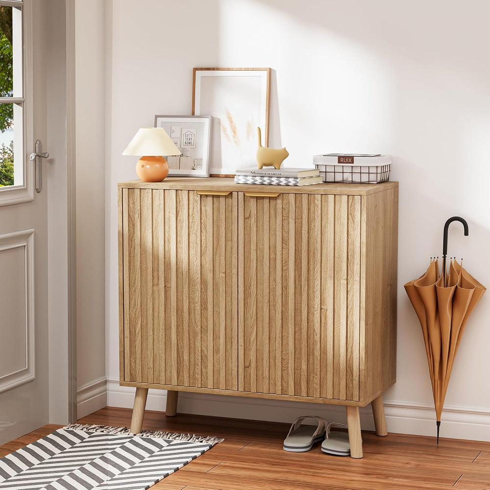 Fluted Buffet Cabinet, Free Standing Sideboard with Storage, Wood Accent Cabi...