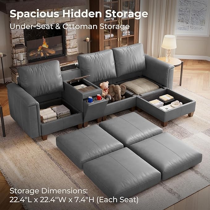 SITJOY 105" Faux Leather Modular Sectional Sofa with Storage, Mid Century Modern Sectional Couches for Living Room, 4 Seat L Shaped Couch with Chaise and Console Table, Hidden Cupholders, Gray