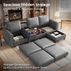 SITJOY 105" Faux Leather Modular Sectional Sofa with Storage, Mid Century Modern Sectional Couches for Living Room, 4 Seat L Shaped Couch with Chaise and Console Table, Hidden Cupholders, Gray