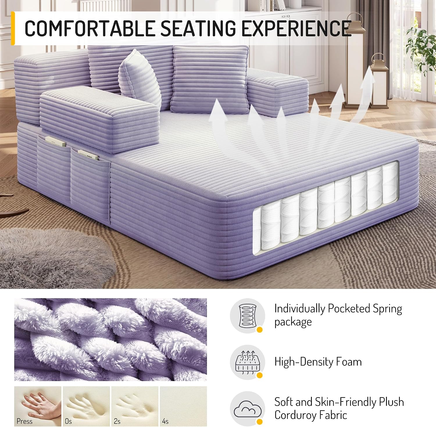 Avenix 70" Boneless Oversized Chaise Lounge Chair Indoor, Corduroy Comfy Oversized Reading Sleeper Chair Boneless Sofa Couch Bed with 3 Pillows, No Assembly Required, Purple