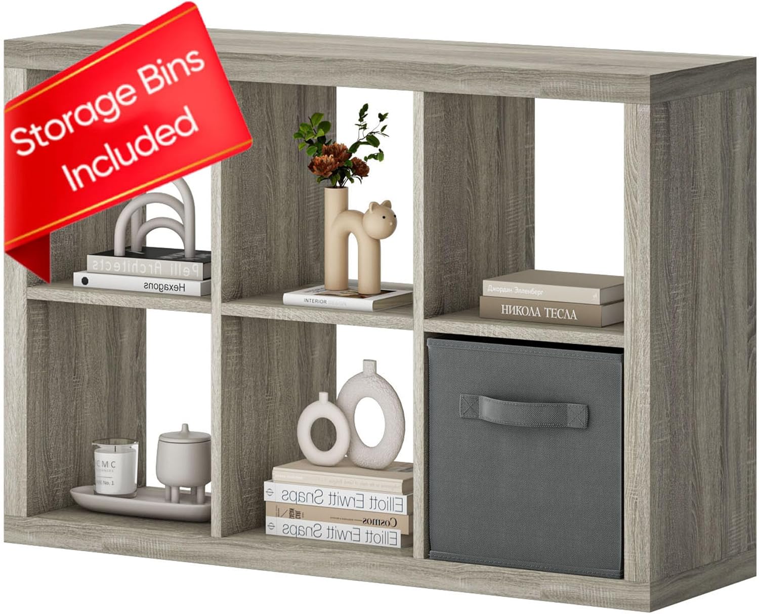 furtble Bookshelf with Storage Bin, 6-Cube Storage Organizer, Modern Wood Open Bookcase, Multifunctional Display Shelf for Living Room, Bedroom, Home Office, Gray Oak