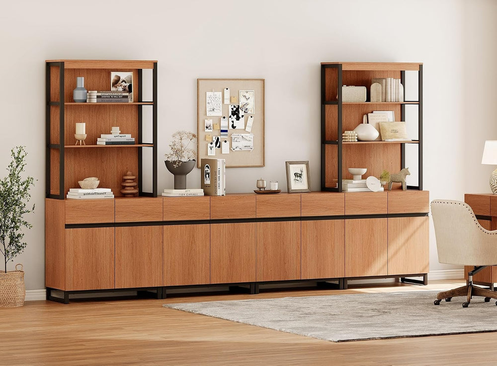 WAMPAT Modern Wall Unit TV Stand with 3 Tiers Bookshelf, Farmhouse Entertainm...