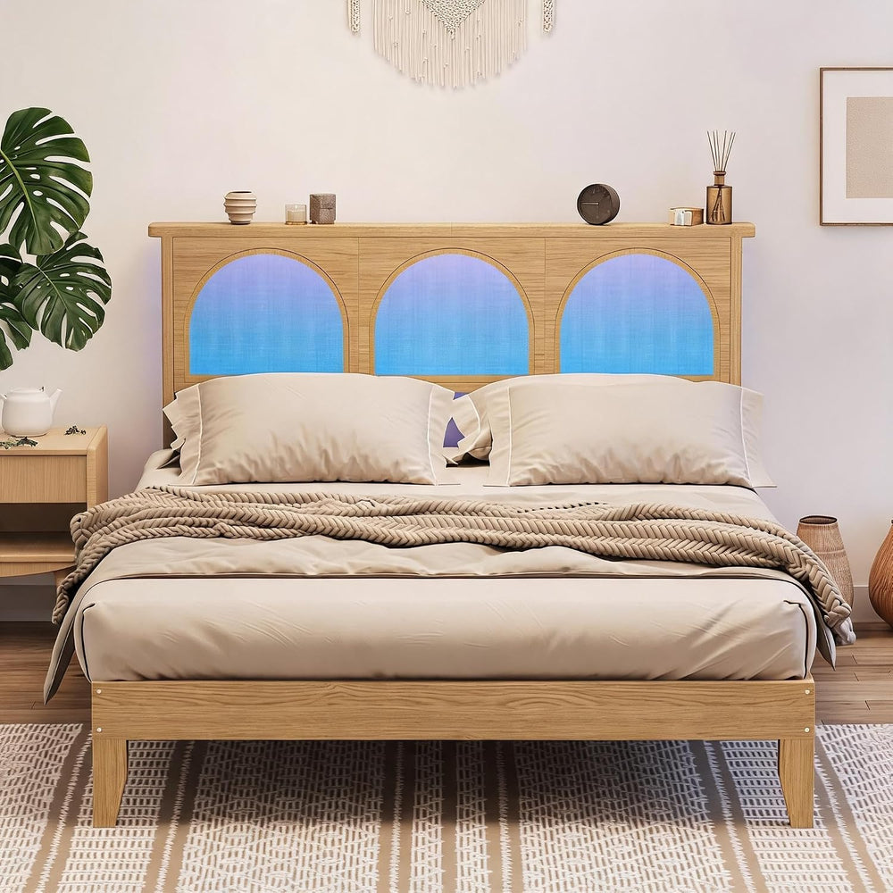 Queen Size Curved Rattan Headboard Platform Bed, Deluxe Bed with Built-in RGB...
