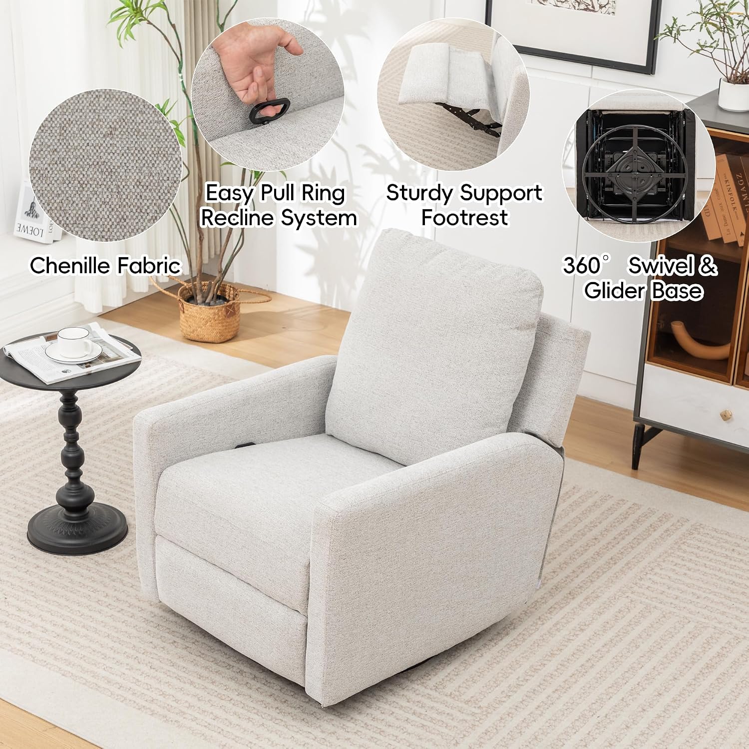 MINCETA Glider Recliner Chairs, Nursery Rocking Chairs, Gray | 360° Swivel Rocking Chairs with Metal Base, High Back Rocking Chair for Living Room, Chenille Fabric