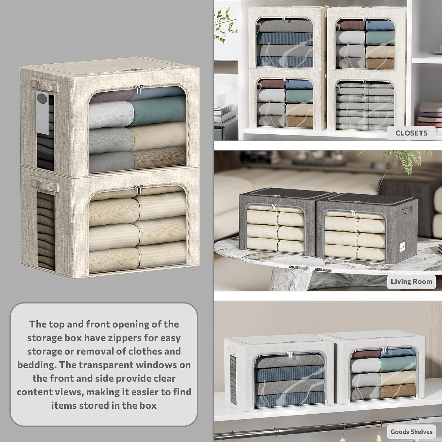 4 Pack Clothes Storage Bins with Metal Frame - 100L Stackable Storage Box with Lid，Foldable Storage Container Organizer for Clothes，Linen Fabric Storage Box with Clear Window＆Zippers＆Handles