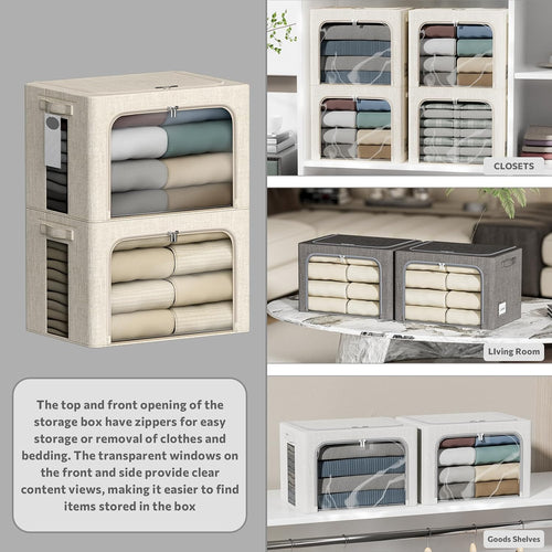 4 Pack Clothes Storage Bins with Metal Frame - 100L Stackable Storage Box with Lid，Foldable Storage Container Organizer for Clothes，Linen Fabric Storage Box with Clear Window＆Zippers＆Handles