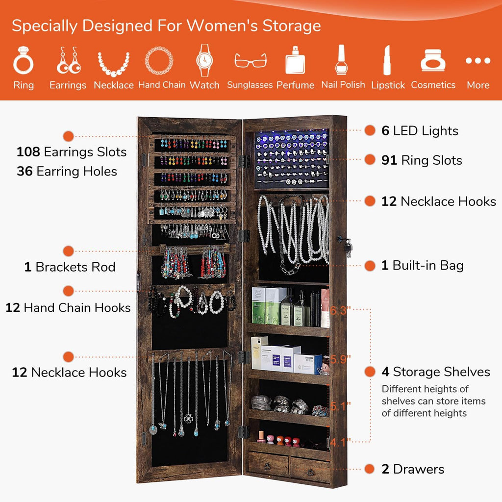 GISSAR Full Length Mirror Jewelry Cabinet, 6 LEDs Jewelry Armoire Wall Mounted Over The Door Hanging, Jewelry Organizer Storage with Lights Lockable, Vintage Brown, 14.6" x 47.2"