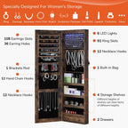 GISSAR Full Length Mirror Jewelry Cabinet, 6 LEDs Jewelry Armoire Wall Mounted Over The Door Hanging, Jewelry Organizer Storage with Lights Lockable, Vintage Brown, 14.6" x 47.2"