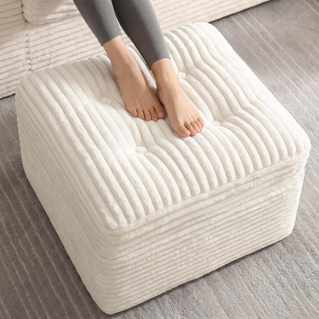 23.6in Pouf Ottoman, Corduroy Footstool Foot Rest Seating, Beige | Dual-layer support poofy pouf with soft chunk-foam top & firm foam base. Ideal floor foot stool & seating for living room