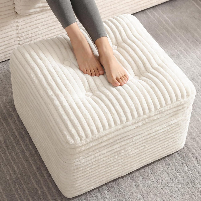 23.6in Pouf Ottoman, Corduroy Footstool Foot Rest Seating, Beige | Dual-layer support poofy pouf with soft chunk-foam top & firm foam base. Ideal floor foot stool & seating for living room