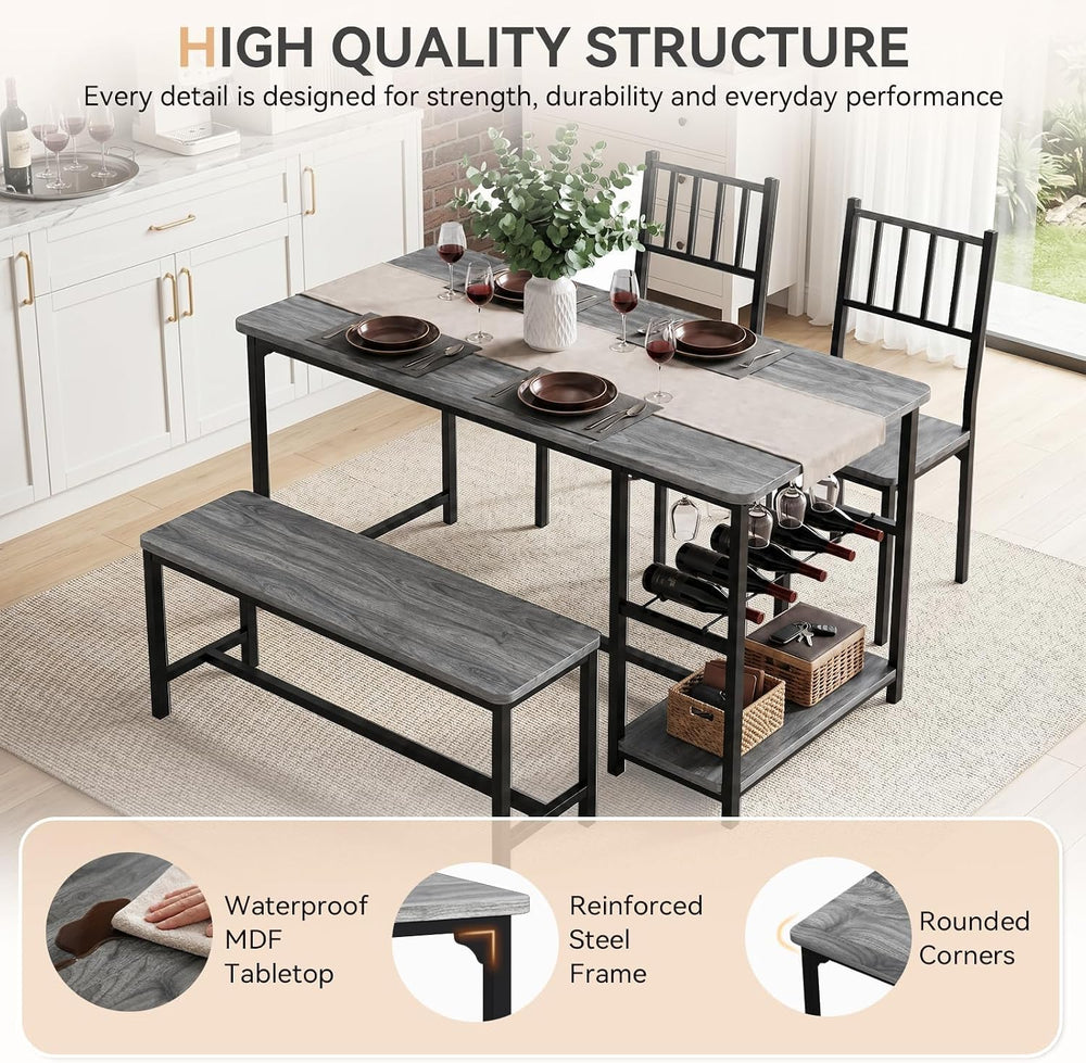 4 EVER WINNER 55-Inch Dining Table Set for 4 with Bench, Wine Rack, Grey | 4-...
