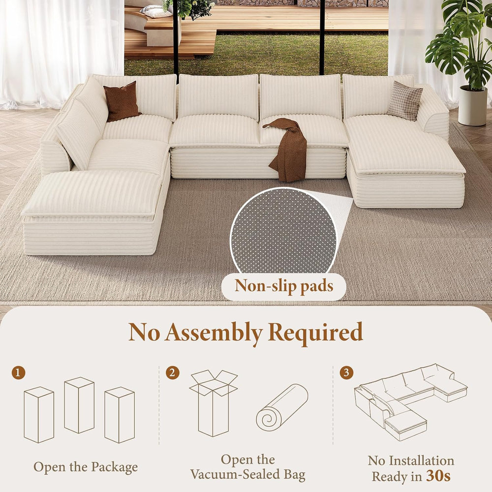 Vesgantti 7 Seater Plush Corduroy Couch, 141.7" Large Sofa, Beige | Over...
