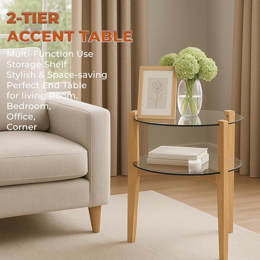 Round End Table, 2-Tier Tempered Glass Table Top Wooden Legs, Modern Side Tab...