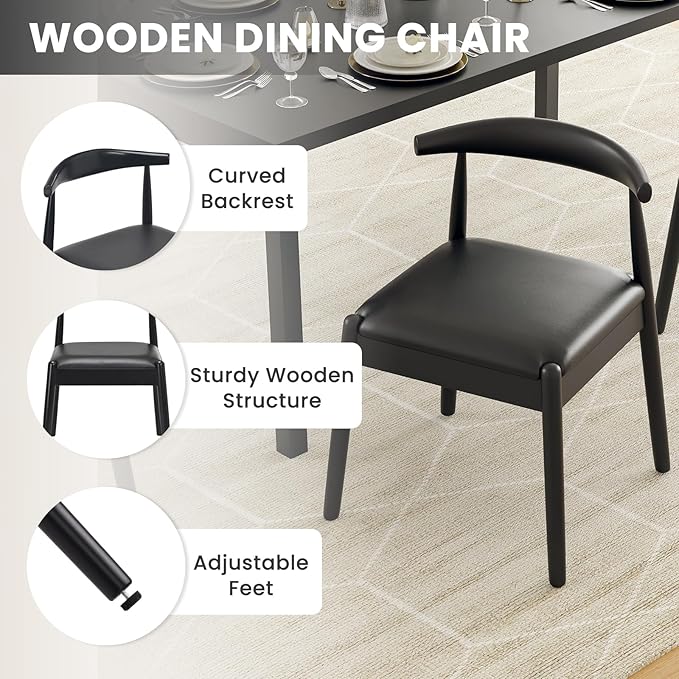 Farini Mid Century Modern Dining Chairs Set of 4, Solid Wood Frame Kitchen Chairs with PU Leather Upholstered Seat for Dining Room & Breakfast Nook,Black-Black