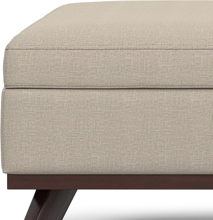 SIMPLIHOME Owen 40 inch Wide Mid Century Modern Square XL Coffee Table Storage Ottoman in Natural Polyester Fabric, Assembled, for The Living Room, Entryway and Family Room
