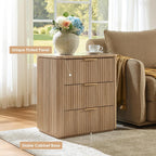 Fluted Nightstand with 3 Drawers, Engineered Wood Bedside Table with Faux Marble-Top, Modern End Table with Curved Corners, Metal Handle, Large Night Stand for Bedroom, Office, Closet, Natural Oak