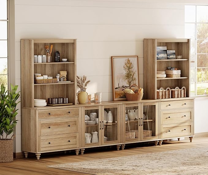 WAMPAT Entertainment Center with Bookshelves with Glass Doors & Drawer, Farmhouse Wall Unit TV Stand for TVs up to 75", Media Console Table for Living Room, Bedroom & Home Theater, Oak