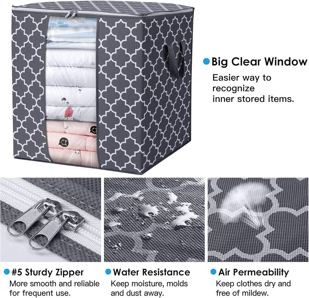 WISELIFE Storage Bags 6 Pack/100L Large Blanket Clothes Organization and Storage Containers for Comforters,Bedding, Foldable Organizer with Reinforced Handle, Clear Window, Sturdy Zippers,Gray