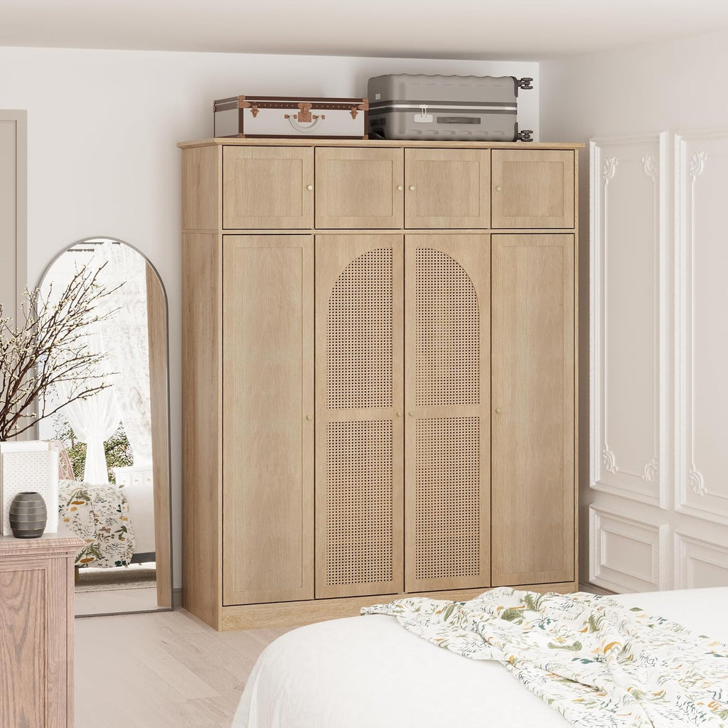 4 Doors Large Armoire Wardrobe Closet with Rattan Doors, 70.87" Tall Freestanding Wooden Closet Wardrobe Cabinet with Hanging Rod and Adjustable Shelves, Clothing Storage Cabinet for Bedroom, Natural