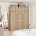 4 Doors Large Armoire Wardrobe Closet with Rattan Doors, 70.87" Tall Freestanding Wooden Closet Wardrobe Cabinet with Hanging Rod and Adjustable Shelves, Clothing Storage Cabinet for Bedroom, Natural