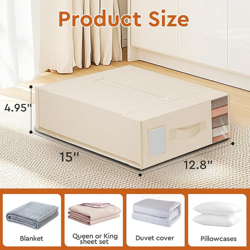 4 Pack Bed Sheet Closet Organizers and Storage,Sturdy Foldable Storage Containers with Window and Label,Storage and Organization for Bedding Sheets,Duvet Covers,Blankets (Beige)