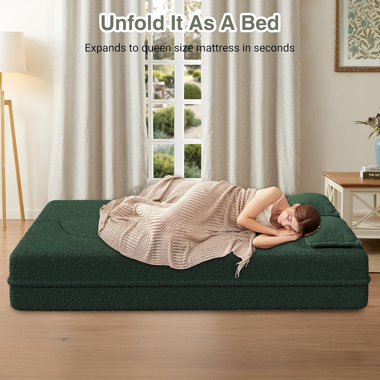 78" Convertible Folding Sofa Bed, 2-in-1 Full Size Floor Boneless Couch Bed, Loveseat sleeper Couch , Teddy Floor Sofa, Memory Foam Sleeper SofaBed, Small couches for small spaces, No Assembly (Green)