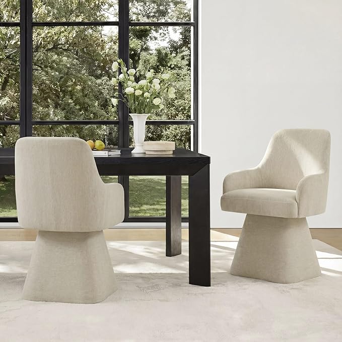 Swivel Dining Chairs Set of 4, Mid Century Modern Chairs Fabric Upholstered Armchair with Armrest & Ergonomic Backrest for Dining Room, Kitchen, Bedroom, Living Room, Sand, 4 Boxs