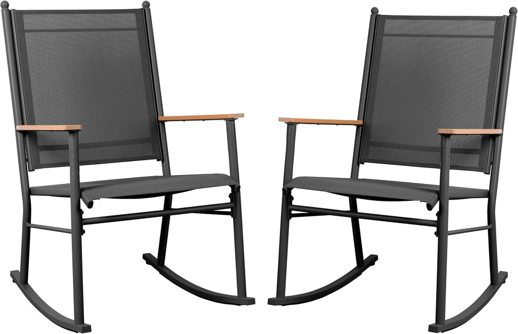 JY QAQA Outdoor Rocking Chair Set of 2, High Back All-Weather Patio Rocking Chairs with Breathable Back Rest for Adult, Ergonomic Design Porch Rocking Chairs for Porch, Garden, Balcony, Pool, Black