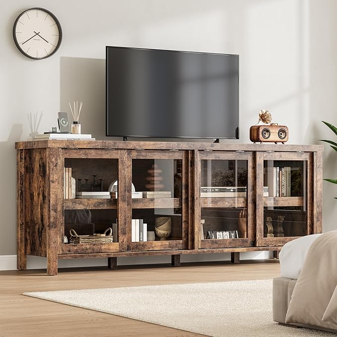 GAOMON TV Stand for 65" with Entertainment Center, Storage Cabinet, 4 Sliding Glass Doors, Mid Century Modern Media TV Console Table for Living Room Bedroom, Retro Brown